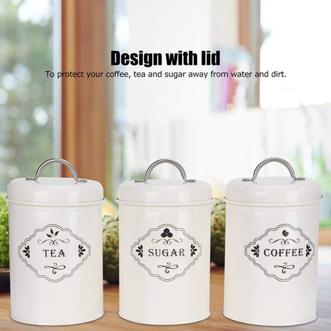 Boost Your Pantry Game With This Three Piece Airtight Kitchen Storage Jar Set Crafted From Thick Powder Coated Iron. Three jars labeled tea, sugar, coffee.