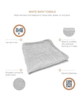 Absorbent Cotton Shop Towels 11x12 50 Pack Reusable Cleaning Rags For Auto Garage Home Kitchen Use with icons showing features