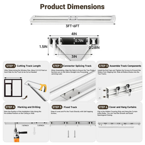 Double Row Ceiling Mounted Curtain Track System For Windows White Adjustable From 3 To 18 Feet Ultra Quiet PVC Pulleys With Silent Strips Includes Handsaw No Fuss Setup Great For Hotels Hospitals And Home Or Office Use dimensions and install steps