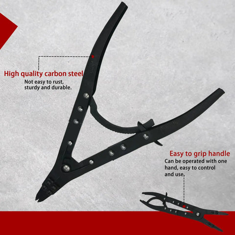Beefy 12 Inch Snap Ring Pliers Set For Spindle Installation And Removal Internal And External Circlips Built For Ford Super Duty Pickups 2007 And Newer close-up showing carbon steel material and handle design.