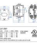 Heavy Duty 24V 25A 1 Pole HVAC Contactor Replacement Relay with technical specifications and UL certification details diagram