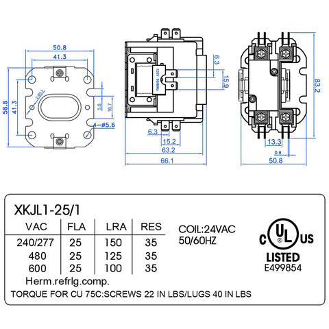 Heavy Duty 24V 25A 1 Pole HVAC Contactor Replacement Relay with technical specifications and UL certification details diagram