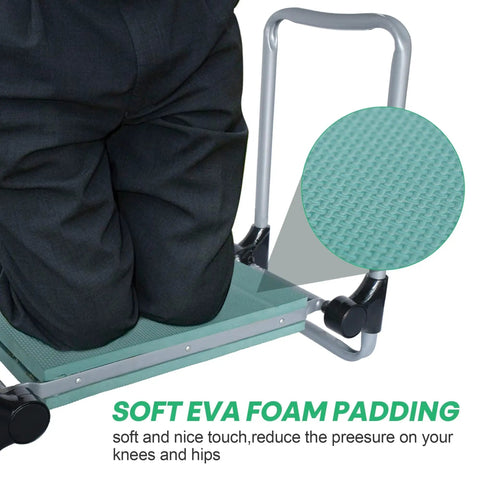 Close-up of Garden Kneeler And Seat 2 In 1 Foldable Bench with Tool Bag, showing wide soft EVA foam pad in use for kneeling comfort.