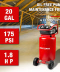 20 Gallon Oil Free Air Compressor With 1.8 HP Motor Pushing A Full 175 PSI in vivid red color and maintenance-free design.