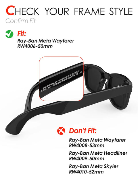 Replacement Lenses For Ray-Ban Meta Wayfarer RW4006 50mm AI Glasses showing frame style compatibility guide.