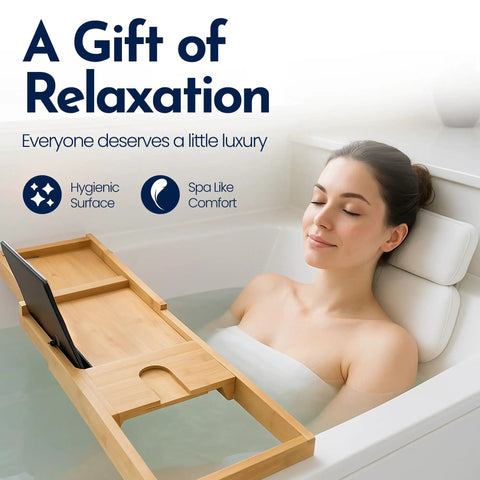 Woman using Tub Bath Pillow With Non Slip Suction Cups For Neck And Head Support, Waterproof Spa Like Comfort in bathtub