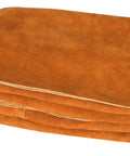 Heavy Duty Cowhide Leather Welding Blanket 3 By 4 Feet Side Split Shield For Sparks And Spatter Auto Body Ready Abrasion Resistant 3 To 3.5 Oz Leather Not Grommeted FM Approved, folded rust colored blanket.
