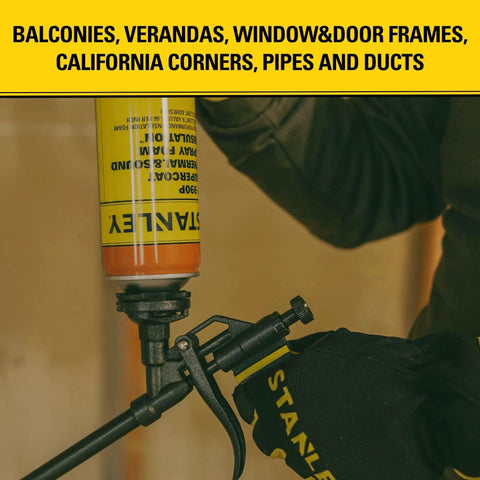 Using Pro Grade Closed Cell Spray Foam Insulation Kit for balconies, door frames, and pipes with a spray applicator.