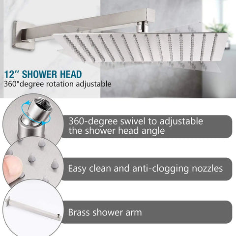 Brushed Nickel Shower Faucet Set With Easy Install Sleek Dual Handle Bath Shower Kit showing 12-inch adjustable shower head