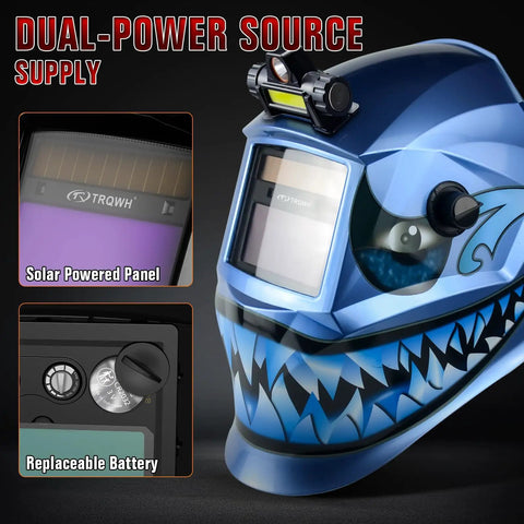 Auto Darkening Welding Helmet With True Color View And Light Lens Top Optical Clarity 1 1 1 2 Wide Field Of View Shade 9 To 13 Pro Grade Welding Mask displayed with dual-power source features, blue design, and durable hood, ideal for MIG, TIG, and Stick welding.