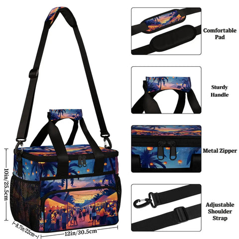 Insulated Picnic Backpack Lunch Bag For All Day Outings with straps, zipper, and handle details, 12 x 8.7 x 10 inch capacity