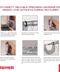 Starrett precision micrometer features diagram with adjustments and design details, focusing on satin chrome finish and spindle design.