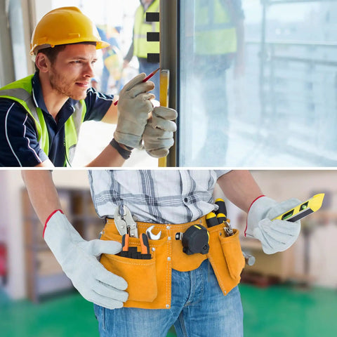Construction workers using tools and level for precise adjustments in drywall applications with tool belts and gloves.