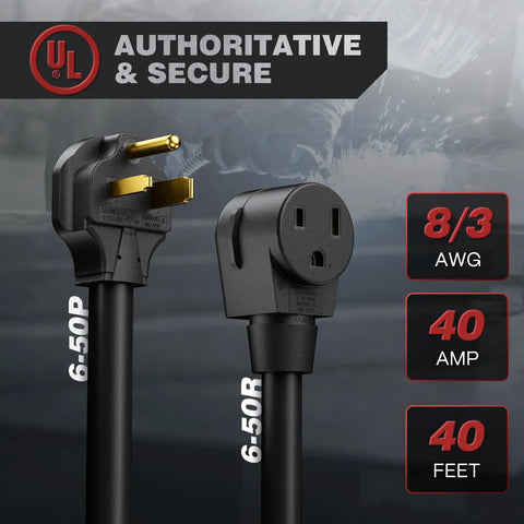Close-up of Heavy Duty 40 Foot Welder Extension Cord For MIG TIG MMA Welders 8 AWG 40 Amp NEMA 6-50 UL Listed Heat Resistant Cable