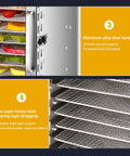 Heavy Duty Commercial Food Dehydrator Featuring 18 Slick Stainless Steel Trays Plus Adjustable 24 Hour Timer side view showing door handle and trays.