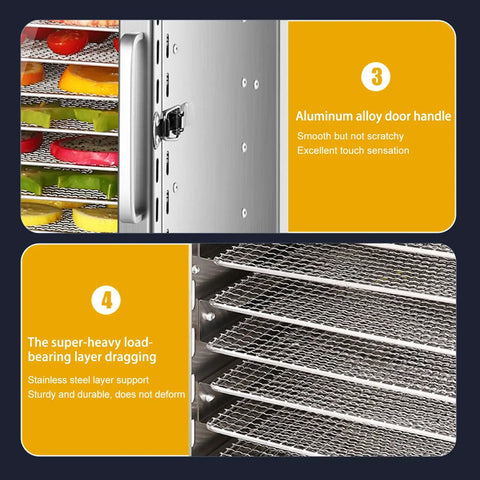 Heavy Duty Commercial Food Dehydrator Featuring 18 Slick Stainless Steel Trays Plus Adjustable 24 Hour Timer side view showing door handle and trays.