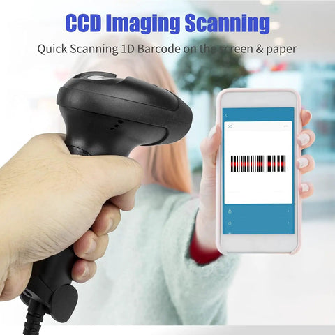 USB 1D Barcode Scanner Handheld Wired CCD Reader For Screen Scanning And Paper Barcodes scanning barcode on smartphone screen.