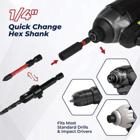 1/4" Quick Change Hex Shank for Kickass Countersink Drill Bit Set For Serious Woodworking Builds with tapered bits.