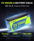 12V 200Ah LiFePO4 Deep Cycle Battery With 2560Wh Heavy Duty 200A BMS Low Temp Cutoff Grade A Cells Up To 15000 Cycles.