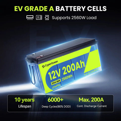 12V 200Ah LiFePO4 Deep Cycle Battery With 2560Wh Heavy Duty 200A BMS Low Temp Cutoff Grade A Cells Up To 15000 Cycles.