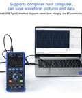 Handheld Oscilloscope And Multimeter Combo With Two Channels, 25MHz Bandwidth, connected to laptop displaying waveforms.