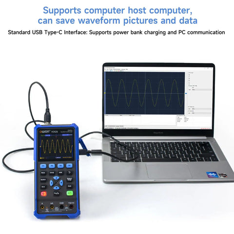 Handheld Oscilloscope And Multimeter Combo With Two Channels, 25MHz Bandwidth, connected to laptop displaying waveforms.