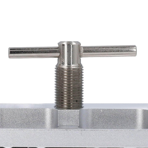 Close-up of Self Centering Doweling Jig Kit With Adjustable Width Drilling Guide And Six Bushings, Universal Wood Thickness Range 0.4 To 2.4 Inches, Silver Finish