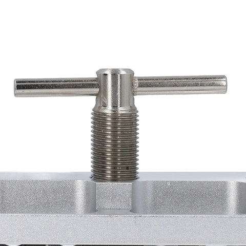 Self Centering Dowel Jig Kit With Six Tungsten Bushings For Slick Straight Bore Alignment heavy-duty aluminum drilling guide features metal handle.