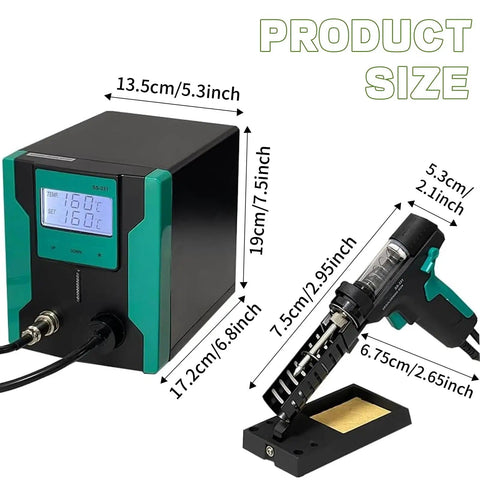 Product dimensions of Electric Solder Sucker Gun With LCD Desolder Station, 90W Desoldering Tool displayed in inches.