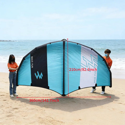 Two people holding wing from Dope Portable Inflatable Hydrofoil Board Kit With Wing For Surfing and Wing Foil on beach.
