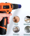 Side view of orange cordless drill with 1-3/8 in BI-Metal hole saw on arbor; for wood and metal drilling.