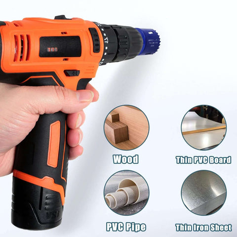 Side view of orange cordless drill with 1-3/8 in BI-Metal hole saw on arbor; for wood and metal drilling.