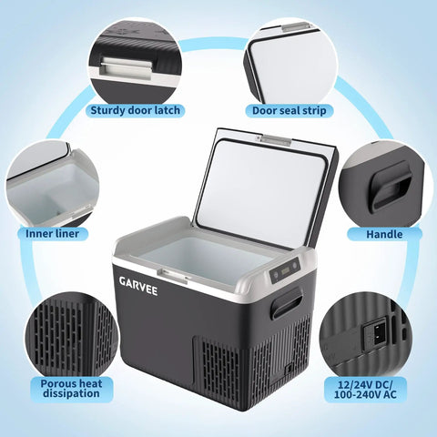 12 Volt Portable Car Refrigerator And Compressor Cooler With 19 Quarts showing handle, inner liner, door seal, and air vents.