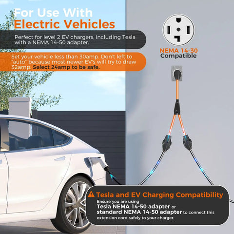 NEMA 14-30P To 14-30R And 14-50R Splitter Cord, 30 Amp Dual Outlet Adapter For EV Chargers in use with electric car
