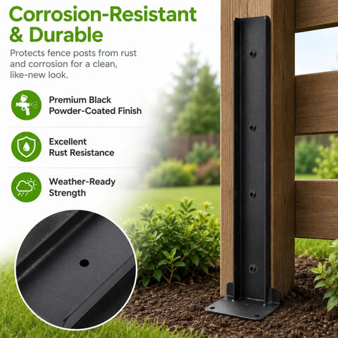 Heavy Duty H Frame Fence Post Stabilizer Kit For Straightening Leaning Wood Fence Posts Without Any Drama While Keeping Residential Yards And Decks Level And Secure Today, black powder-coated bracket.