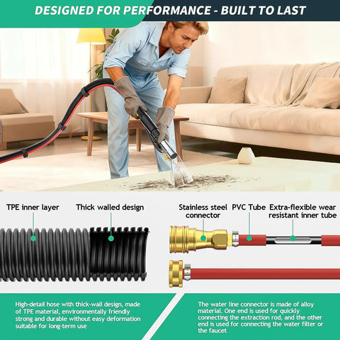 Extractor Kit For Wet Vacuum With 50 Foot Water Line Includes Transparent Dust Removal Head 10 Foot Ribbed Vacuum Hose Two Adapters High Efficiency Water Filter Converts Any Vacuum Into A Do It All Pro Auto Carpet Cleaner For Home Car Upholstery Textiles in use on a carpet.