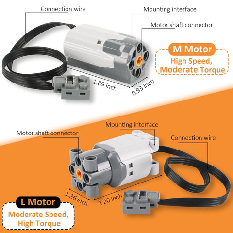 Diagram of 9 In 1 Motor Kit For Stud Building Blocks showing M and L motors with dimensions and connectors.