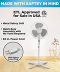 Three Speed 16 Inch Oscillating Pedestal Fan With 90 Degree Head Adjustable Height And Tilt Powerful Airflow For Home Or Office Perfect For Dorms And Living Rooms Black MTFS-16B-BLK on a hardwood floor with safety features listed.