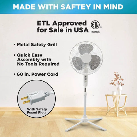 Three Speed 16 Inch Oscillating Pedestal Fan With 90 Degree Head Adjustable Height And Tilt Powerful Airflow For Home Or Office Perfect For Dorms And Living Rooms Black MTFS-16B-BLK on a hardwood floor with safety features listed.