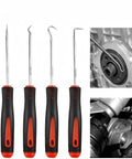 Four-piece automotive pick tool set with black and orange handles and curved stainless-steel tips