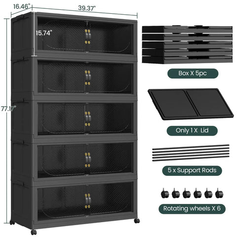 Beefy 1600 Qt Extra Large Stackable Storage Bins With Lid 400 Gal Plastic Closet Organizers And Drawer System 5 Pack Black