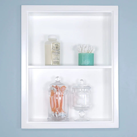 Get This Awesome Recessed Wall Niche Medicine Cabinet Replacement For Your Bathroom with real wood shelving, white color