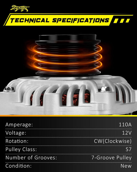 Close-up of beefed up alternator for Honda Accord 2014-2017 2.4L L4 12V 110A with 7-groove pulley for reliable charging