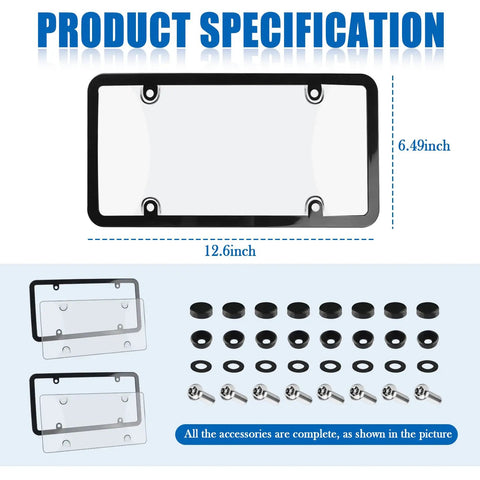 Two Pack Car License Plate Frames And License Plate Protector Kit With Waterproof Covers Built To Last Tough As Nails Durable Frame Protectors With Screws Caps For All Weather Protection shown with dimensions and accessories.