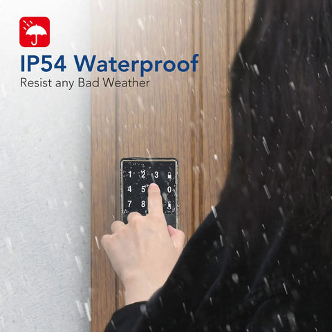 Person using Bluetooth Smart Lock With Keyless Entry And Touchscreen Keypad in rain showing IP54 waterproof feature.
