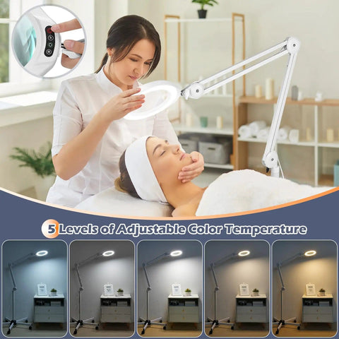 Magnifying Glass With Light And Stand For Salon Esthetics On A Rolling Floor Lamp Base, five color modes, skincare session