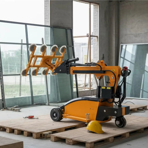 Heavy Duty Vacuum Glass Lifter With Powerful Electric Suction Grippers For No Sweat Large Panel Install And Commercial Job Site Handling Gear Quick Setup Solid Grip For Tough Daily Grinds in a construction area.