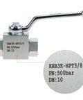 Three Eighth Inch NPT Female High Pressure Hydraulic Ball Valve Three Way 7250 PSI Workhorse with lever and engraved specifications.