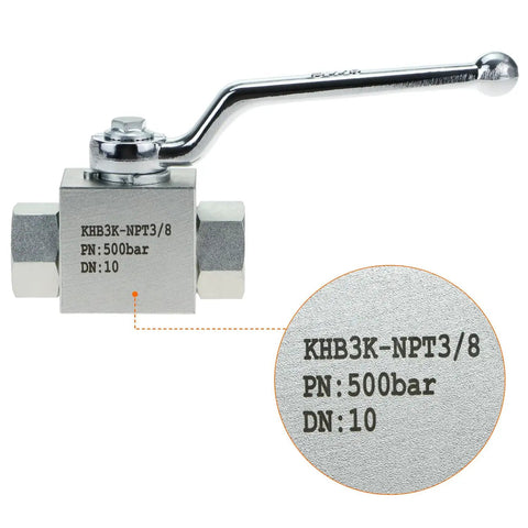 Three Eighth Inch NPT Female High Pressure Hydraulic Ball Valve Three Way 7250 PSI Workhorse with lever and engraved specifications.