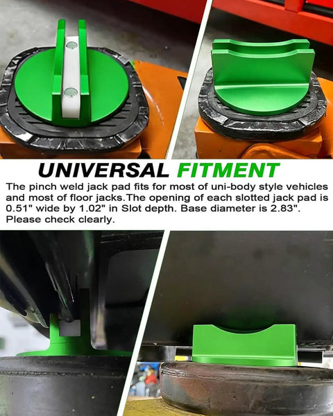 Magnetic Pinch Weld Jack Pad with Aluminum Slotted Design for Floor Jacks shown from top and installed view, green color.